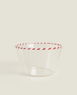 ZARA Home Borosilicate Glass Bowl With A Candy Cane Trim