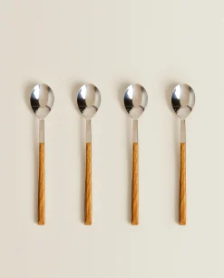 ZARA Home Box Of 4 Dessert Spoons With Wood Pattern Handle