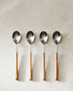 ZARA Home Box Of 4 Dessert Spoons With Wood Pattern Handle