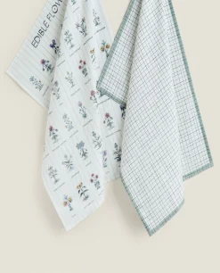 ZARA Home Check And Floral Print Cotton Tea Towel (Pack Of 2)