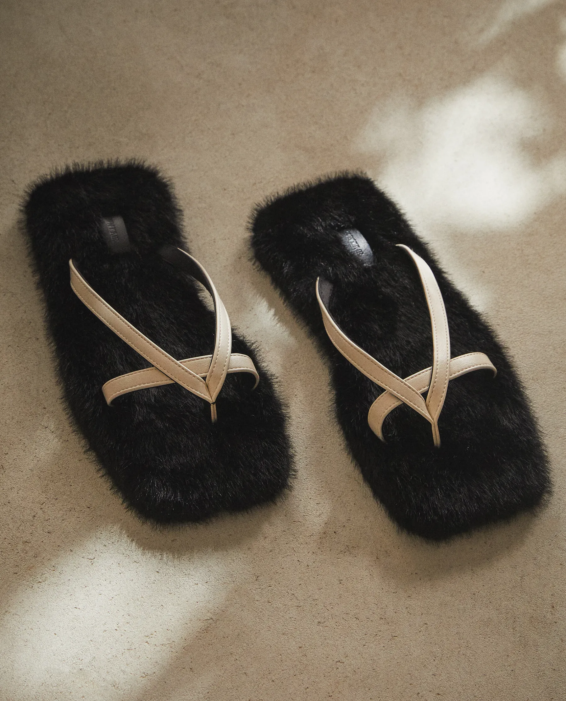 ZARA Home Faux Fur Slippers With Contrast Straps