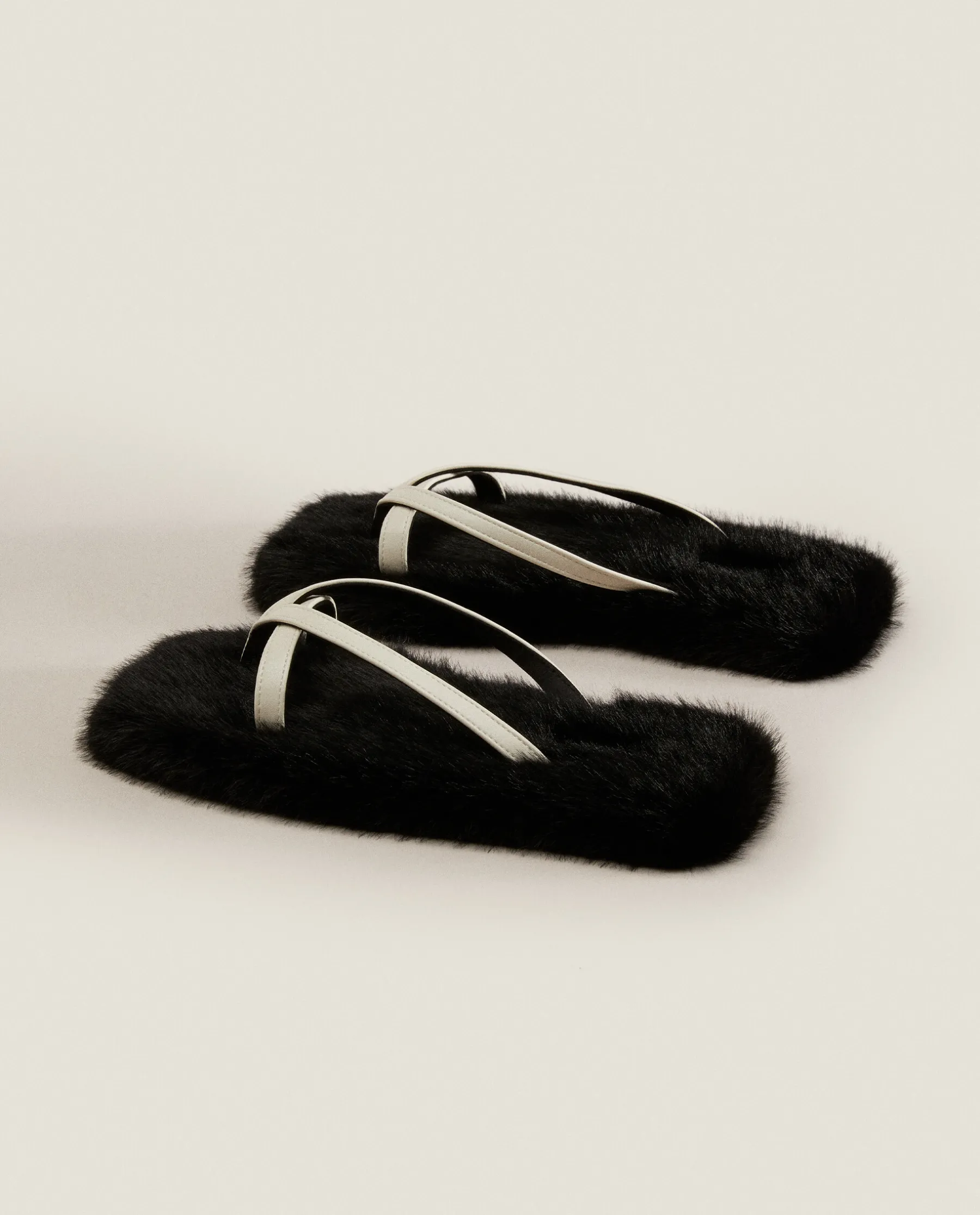 ZARA Home Faux Fur Slippers With Contrast Straps