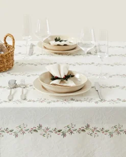ZARA Home Jacquard Cotton Tablecloth With Christmas Holly